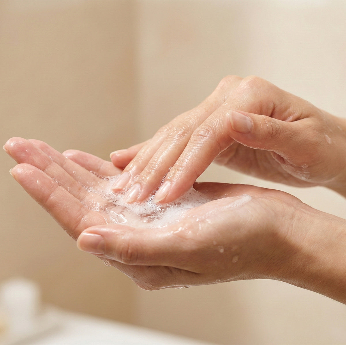 Hands with soap bubbles against a neutral background