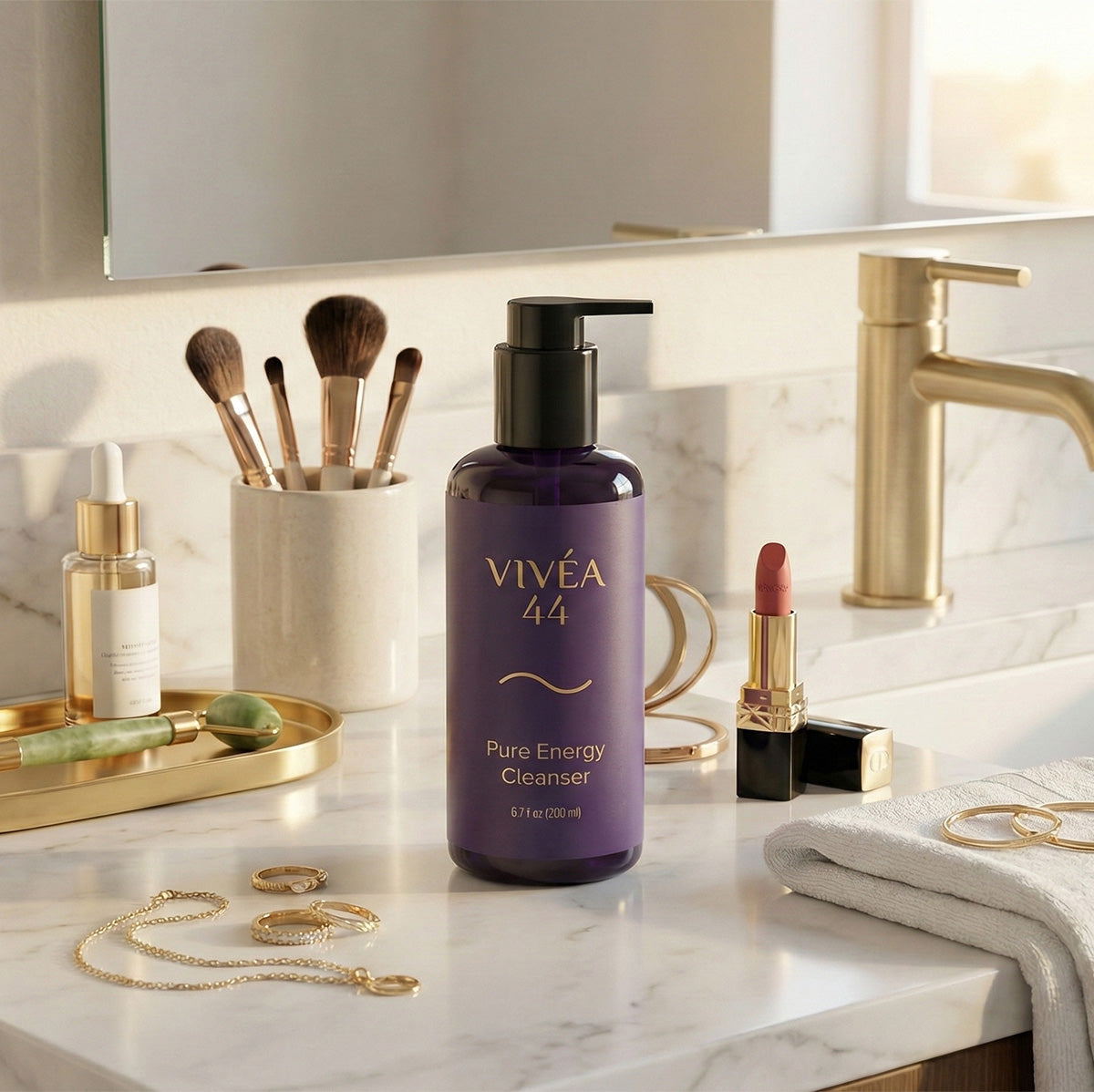 Vivea 44 cleanser bottle on a bathroom counter with makeup and jewelry.