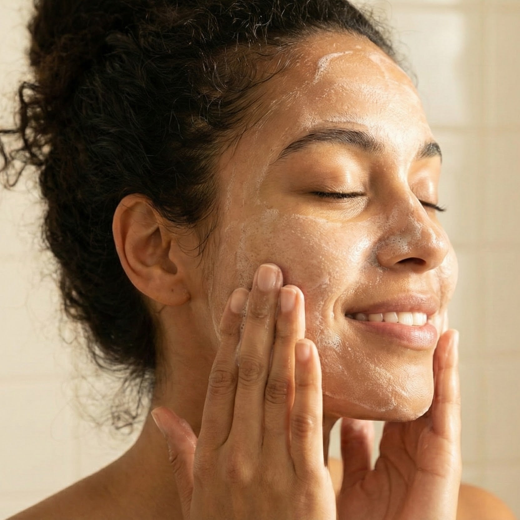 Woman applying the VIVÉA 44 facial cleanser in a bathroom setting