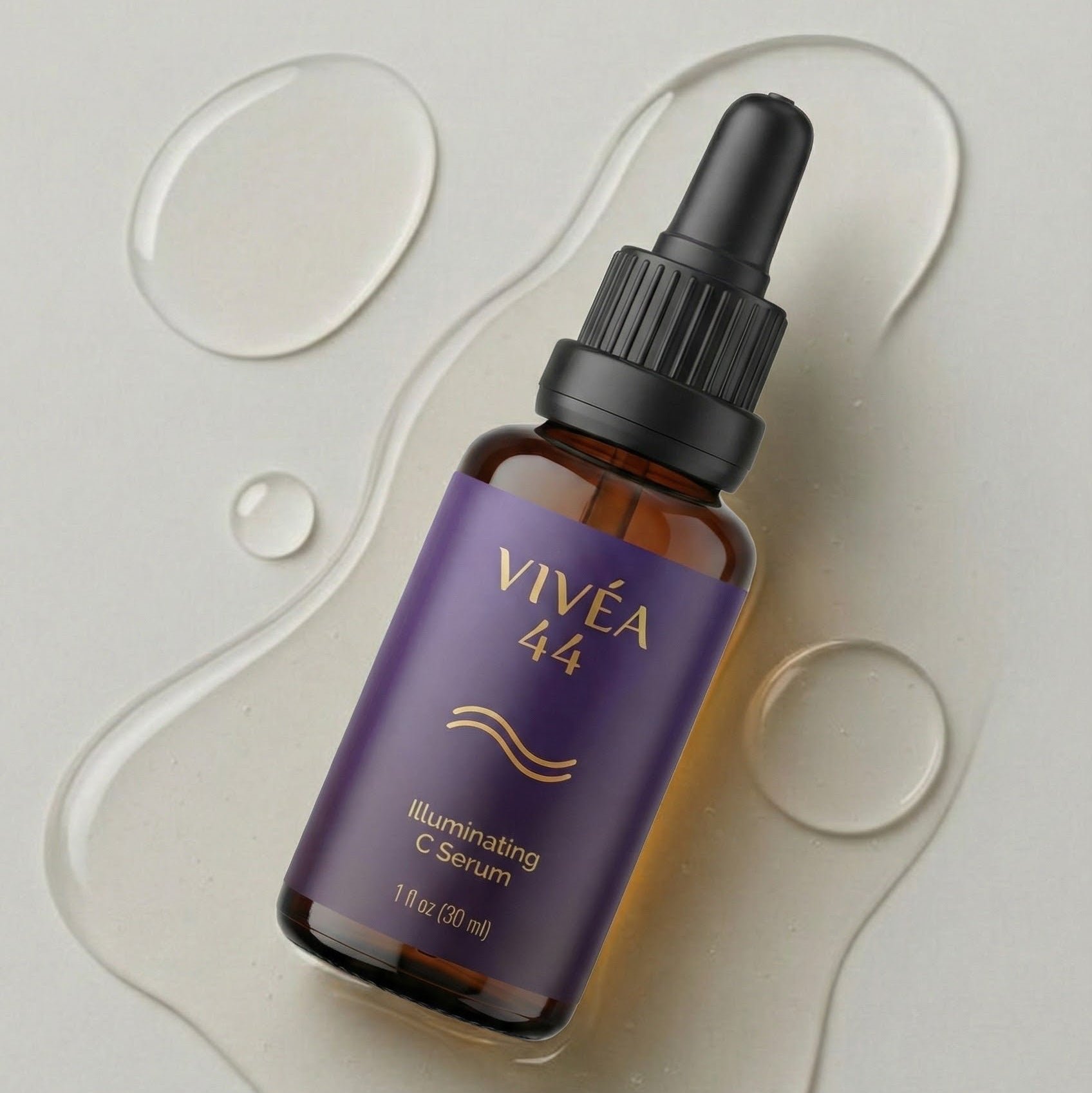 Vivea 44 serum bottle with dropper on a light gray background